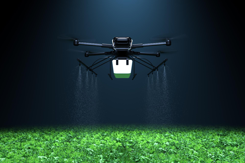 Automated drone applying nutrients over cannabis field, representing machine learning integration in smart farming operations.

