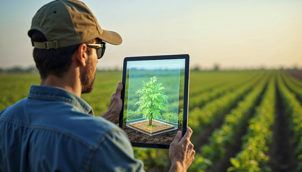 Farmer holding a tablet in a cannabis field with a digital cannabis plant displayed, representing digital cultivation tracking with Seed-to-Sale Software: SOPs and Training integration.