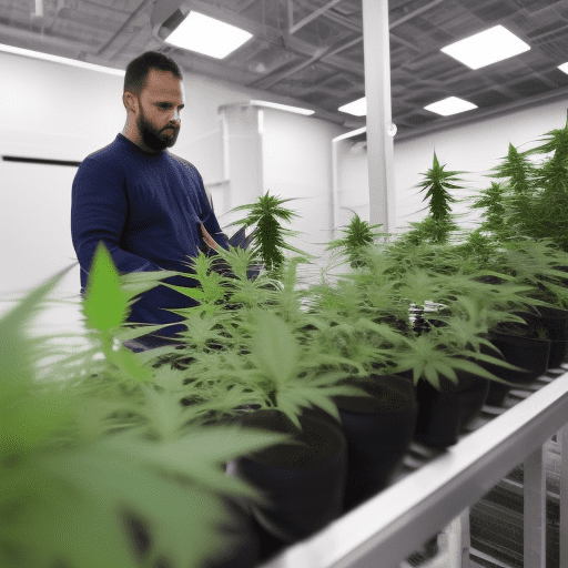 Miembro del equipo supervisando las plantas de cannabis después de verificar que siguen su curso a lo largo del proceso de cultivo, tal y como indica el Sistema de Gestión de la Calidad del Cannabis