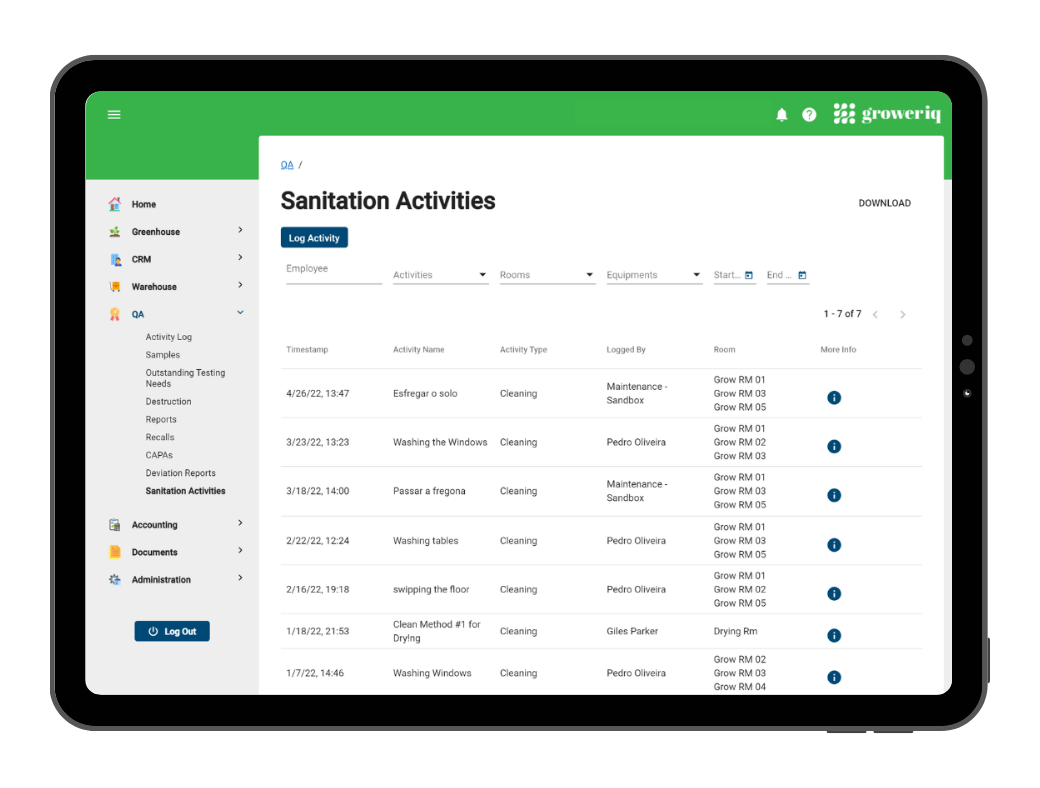 GrowerIQ's cannabis software allows you to digitally track all of your facility sanitation activities in one place