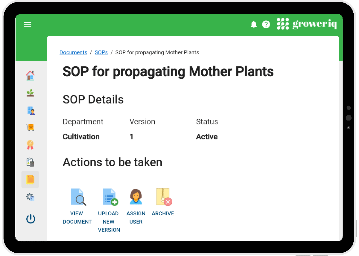 GrowerIQ Digital Master Batch Record interface