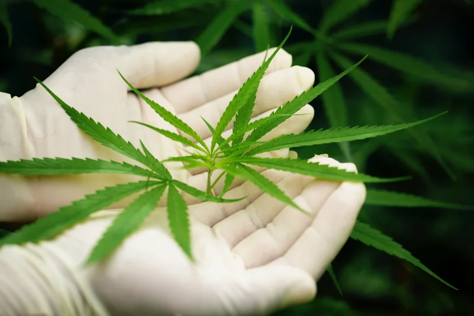A close-up of a scientist or cultivator wearing white gloves, gently holding a vibrant green cannabis leaf. This image represents the careful handling and regulation of cannabis cultivation. It raises the question, "Is it legal to grow marijuana in New York?" while emphasizing compliance, safety, and agricultural best practices in the cannabis industry.