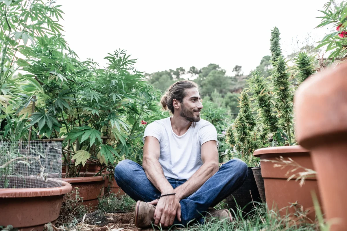 A smiling man with long hair and a white t-shirt sits cross-legged in a garden surrounded by potted marijuana plants. The lush greenery showcases various types of marijuana, emphasizing homegrown and organic cultivation.