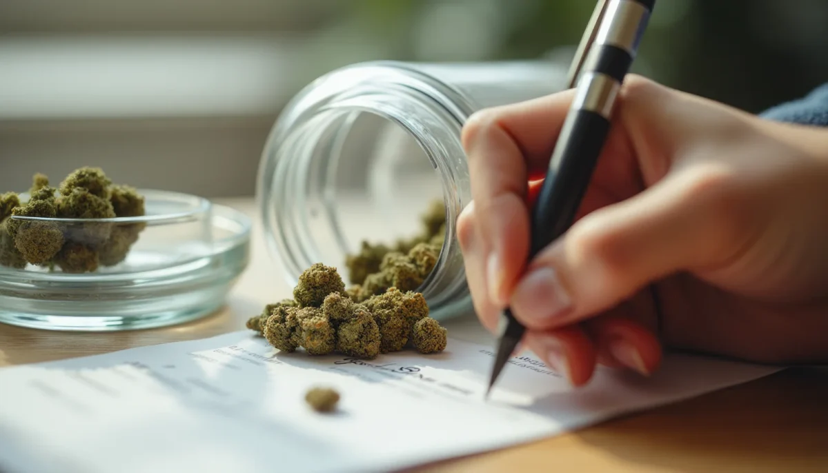 A person writing notes with cannabis buds spread out on a glass dish and an open jar on a table. Keeping track of plant maturity and trichome color helps growers determine when to harvest marijuana for optimal effects.