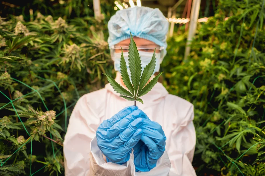 A researcher dressed in protective clothing, including a face mask, hair net, and blue gloves, holds a large blooming cannabis leaf in a greenhouse. Rows of thriving cannabis plants are visible in the background, illustrating controlled cultivation and quality inspection.