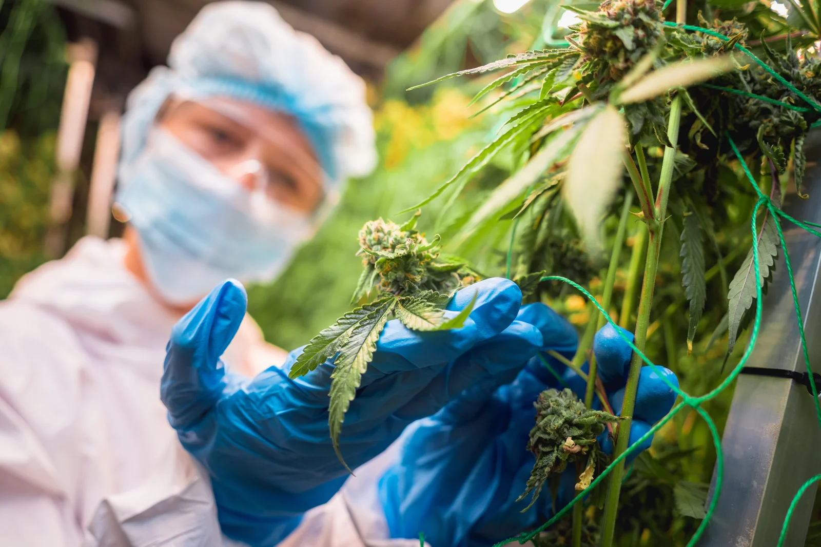 A researcher in protective gear examining a budding cannabis plant in a controlled greenhouse environment, focusing on the health and quality of the leaves and flowers.