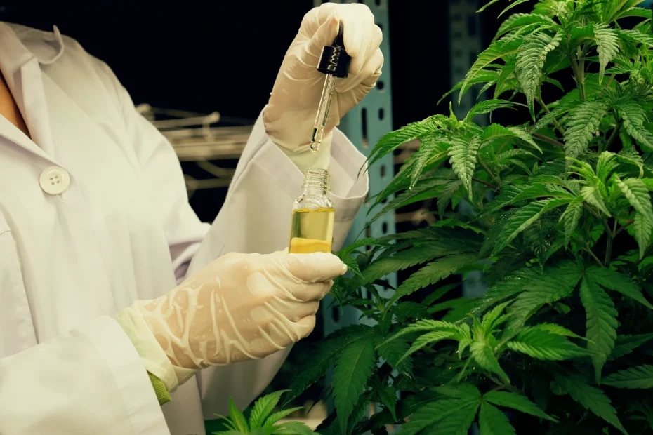 A scientist wearing gloves carefully holding a dropper bottle with CBD oil next to a lush budding cannabis plant, illustrating the extraction process in an indoor cultivation facility.