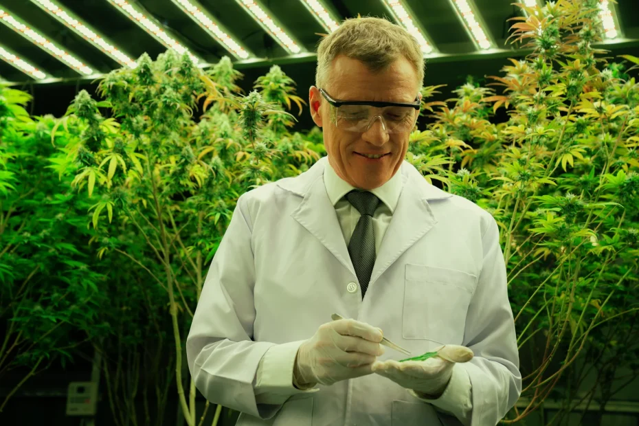 A scientist wearing protective eyewear and gloves engaged in cannabis consulting inside a controlled indoor cannabis plantation, using tweezers to examine a sample under bright grow lights.