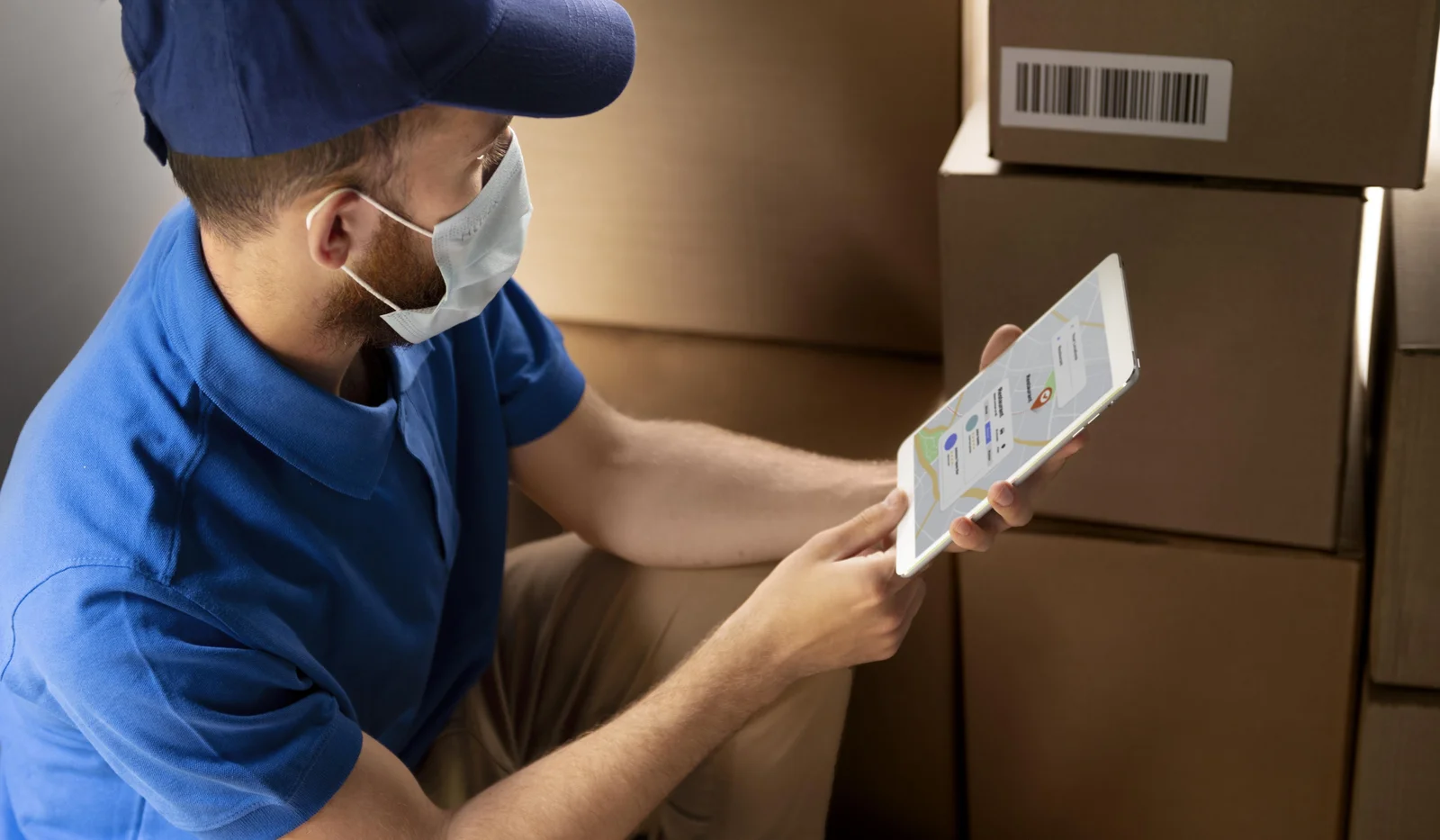 A delivery worker in a blue uniform and medical mask is using a tablet in a warehouse surrounded by cardboard boxes. The screen displays a logistics interface, suggesting the use of cannabis inventory tracking software for real-time shipment and supply chain management.
