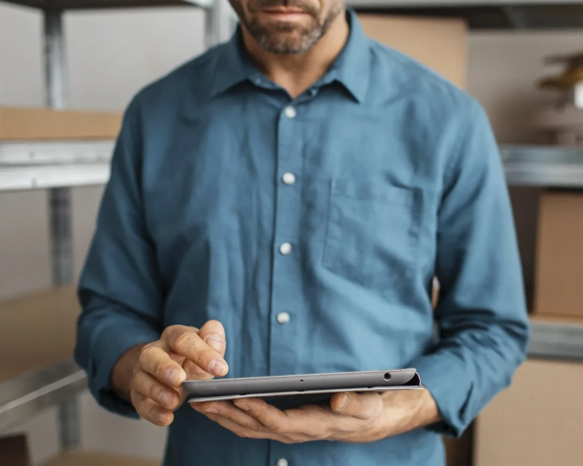A man in a teal shirt holds a tablet while managing inventory in a warehouse. His focused posture and digital workflow reflect the operational precision enabled by cannabis inventory tracking software, essential for regulated environments.