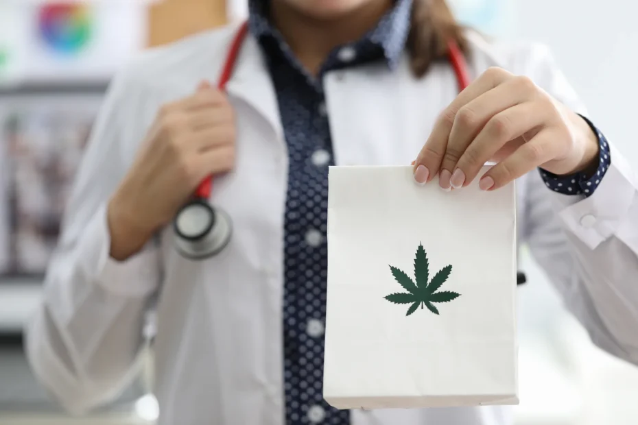 A female doctor wearing a white coat and stethoscope holds a white paper bag featuring a green cannabis leaf, symbolizing the role of cannabis consultants in guiding medical marijuana use and prescriptions.