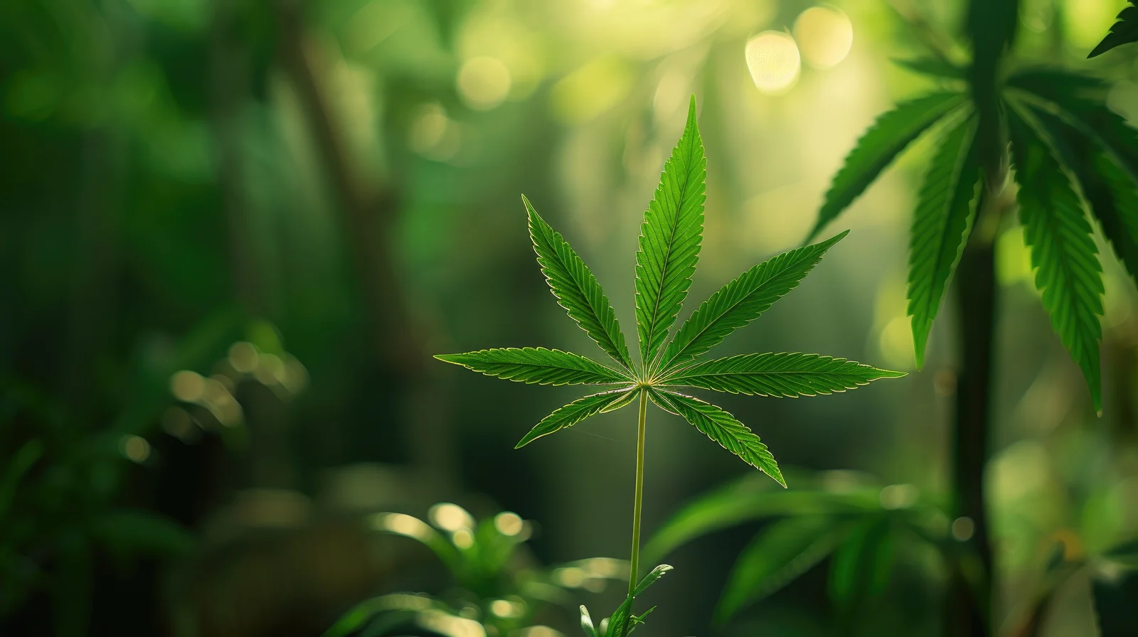 A vibrant, healthy cannabis leaf illuminated by soft natural light in a greenhouse setting, symbolizing the impact of cannabis plant growth regulators on achieving optimal leaf structure and overall plant vitality.