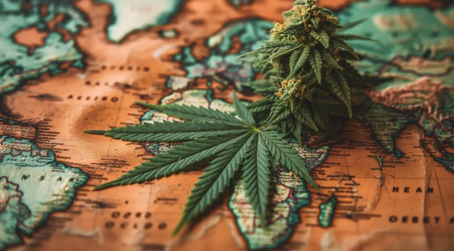A large cannabis leaf and bud placed over a vintage world map, symbolizing global cannabis industry insights provided by Michigan Cannabis Consultants.