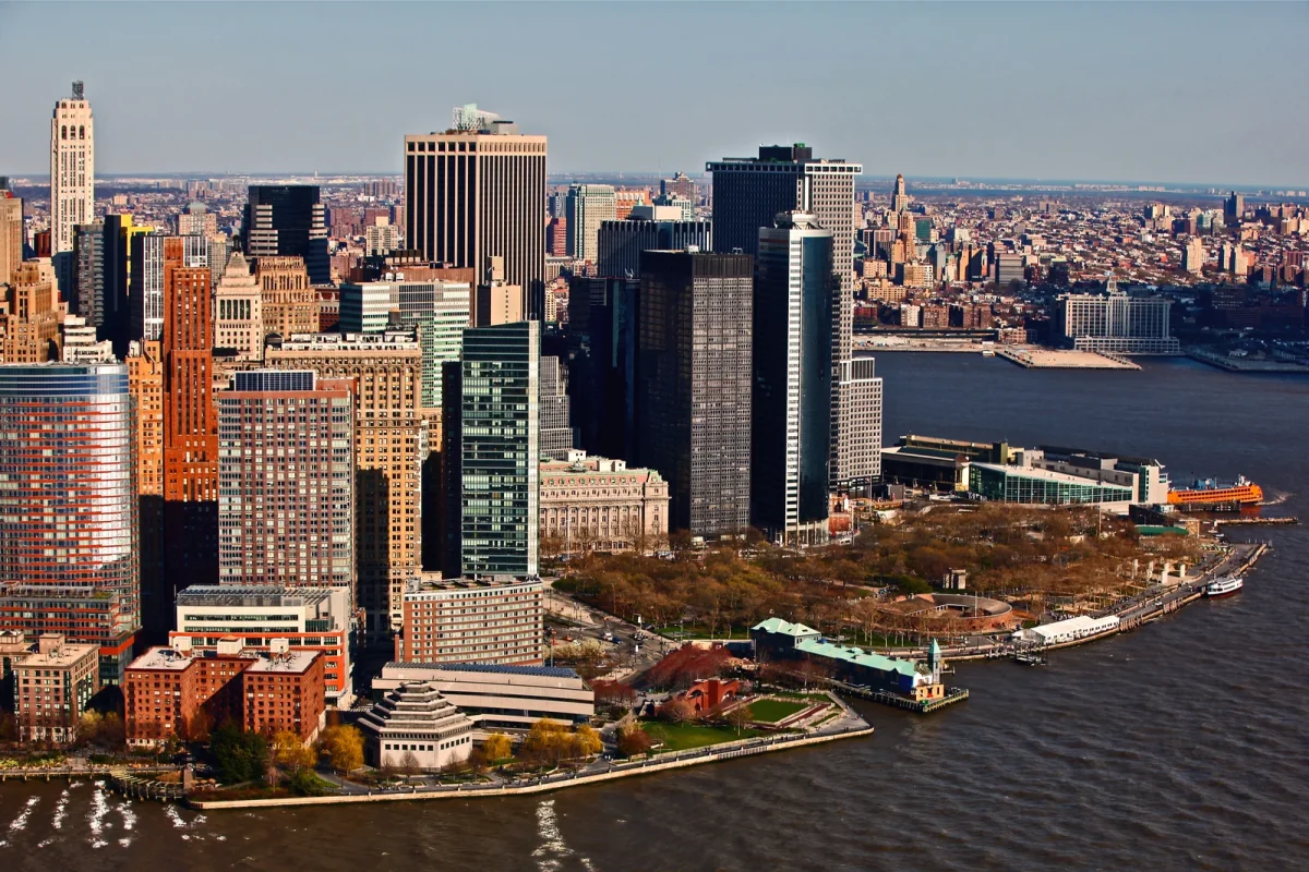 Aerial view of a bustling city skyline representing urban business opportunities and support provided by New Jersey Cannabis Consultants.