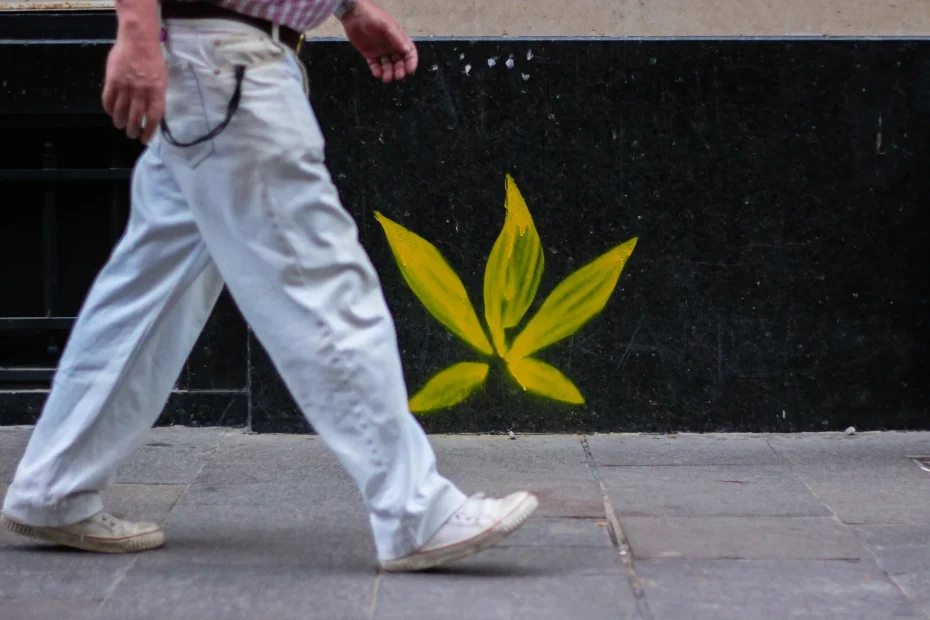 A man walks past a bright yellow marijuana leaf stencil on a black stone wall in an urban setting. This artistic street-level capture reflects growing cultural visibility and acceptance, much like the public presence of the Top 10 Dispensaries in Michigan.