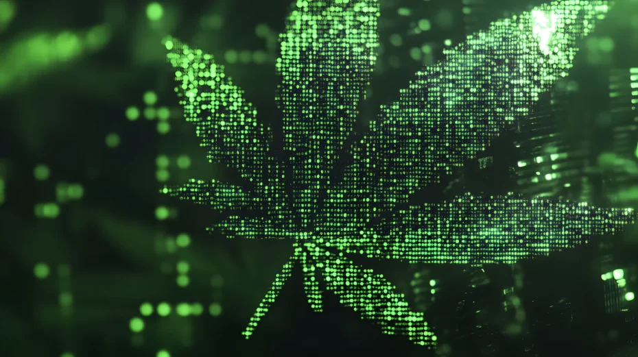 Digital matrix-style cannabis leaf design, blending data and plant imagery—perfect for visualizing analytics in a cannabis terpenes chart or tech-driven cannabis research.