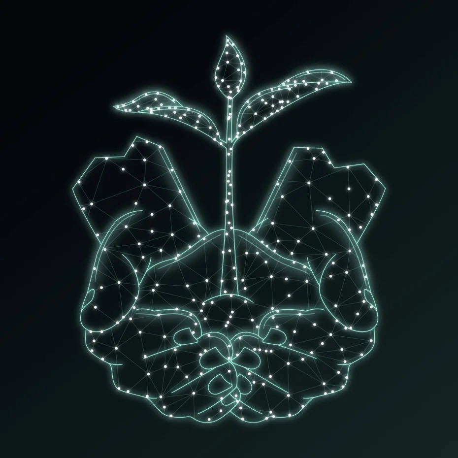 Futuristic digital hands holding a cannabis seedling—representing innovation and sustainability in how to obtain a medical cannabis grow license