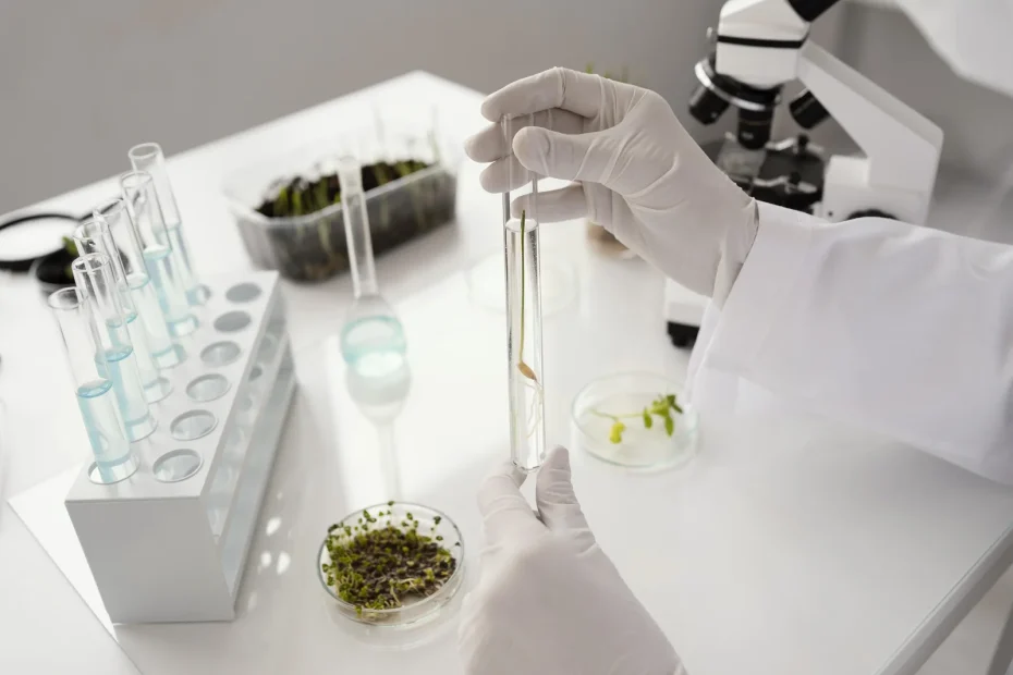 A scientist in gloves holds a test tube containing a sprouting seed over a lab table with glassware and a microscope, symbolizing the role of GMP software validation in controlled plant research.