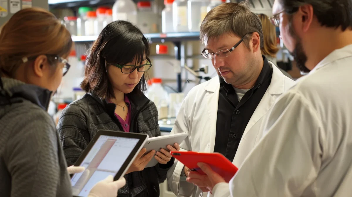 A team of scientists in a laboratory setting review data on tablets, representing research and development in industrial hemp processing and compliance.