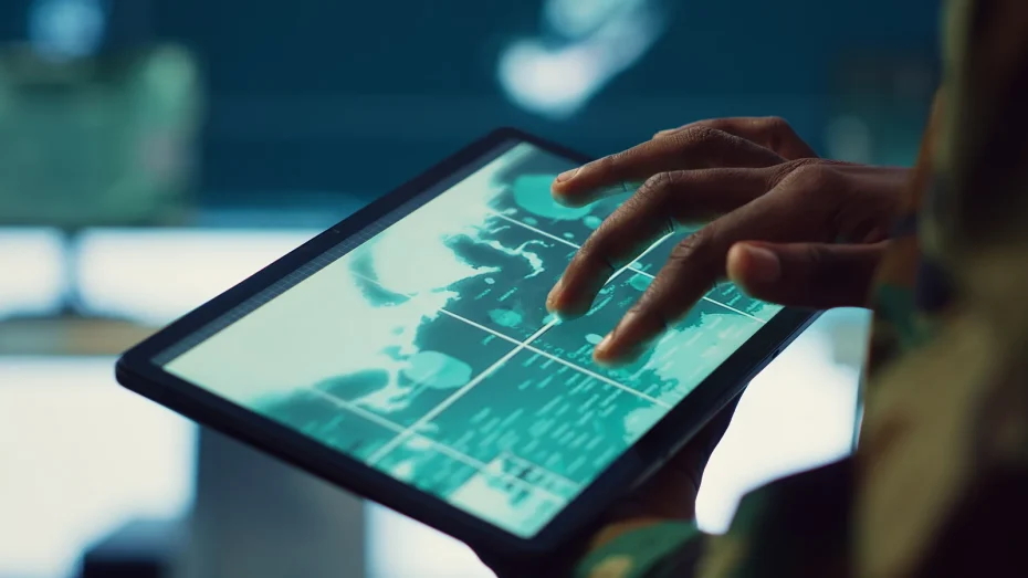 A close-up of a hand interacting with a digital tablet displaying a satellite map interface, representing the use of advanced monitoring systems and geographic planning tools essential for designing high-tech environments, such as when learning how to build a cannabis grow room.