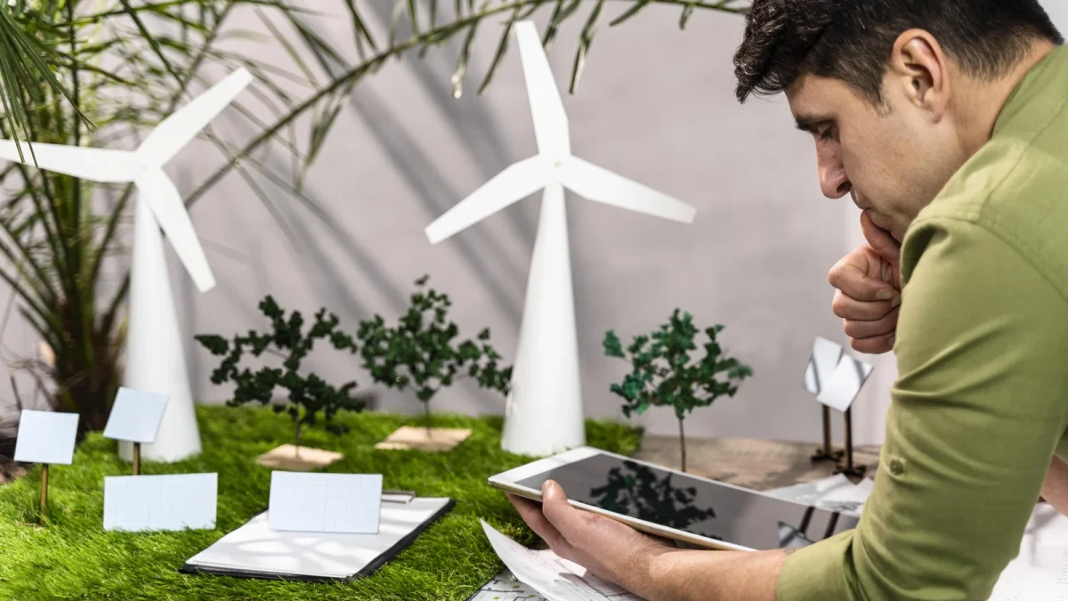 Man reviewing sustainability strategies on a tablet beside wind turbine models, exploring eco-friendly methods for how to grow cannabis seeds efficiently.