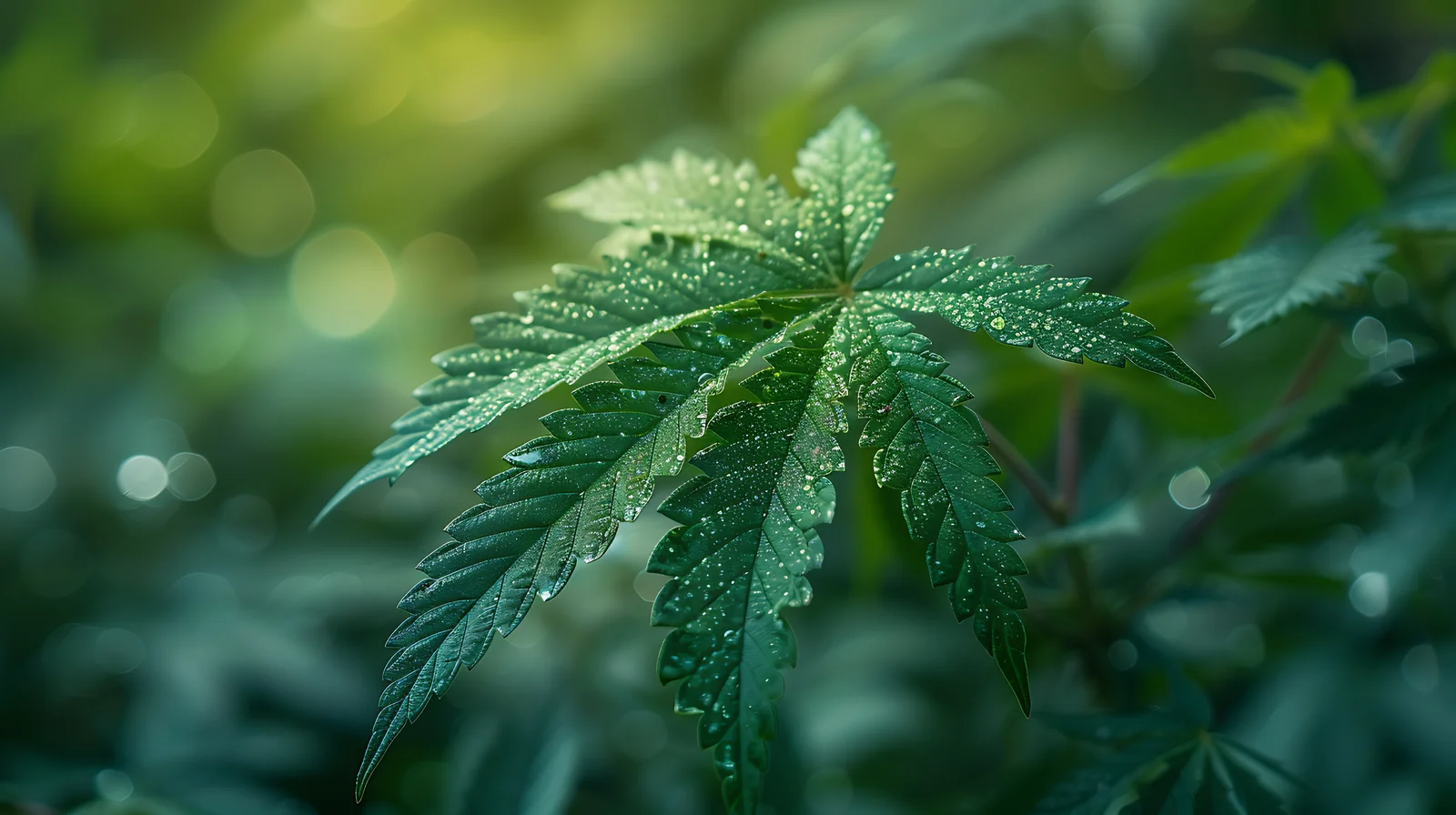 Cannabis leaf with fresh dew drops in natural light, highlighting terpenes in cannabis that shape scent, flavor, and therapeutic properties.