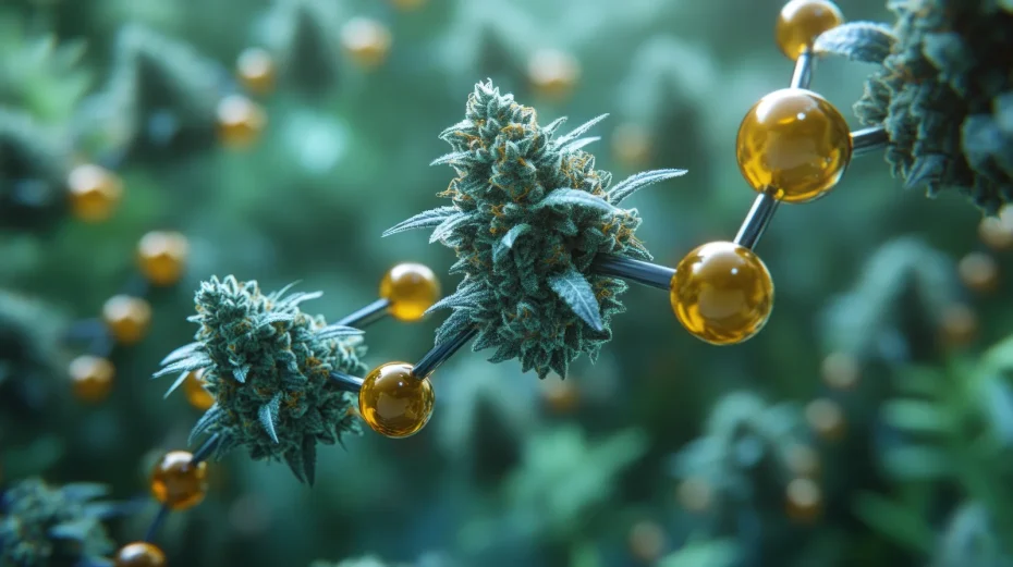 Illustration of cannabis buds connected to molecular structures, symbolizing the role of terpenes in cannabis and their impact on cannabinoids.