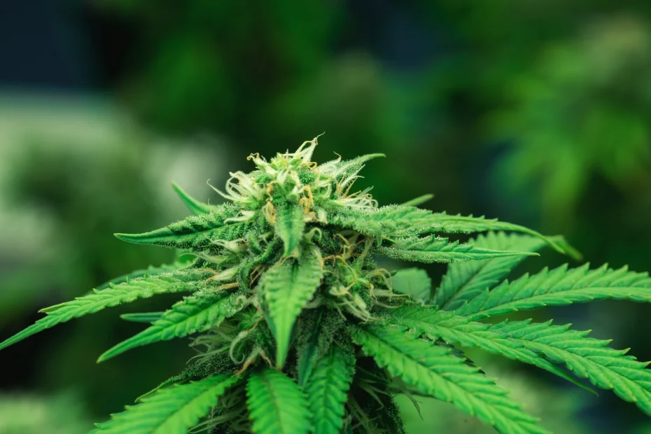 A close-up of a vibrant cannabis plant growing indoors, representing marijuana for pain relief research and benefits.