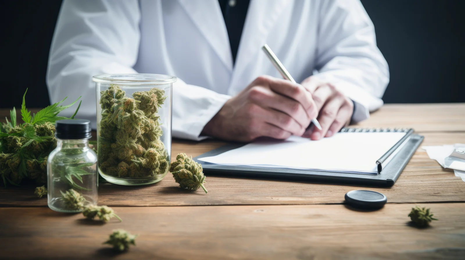 Doctor writing a prescription beside jars of medical cannabis, representing healthcare and medical cannabis legalization impacts on treatment options.