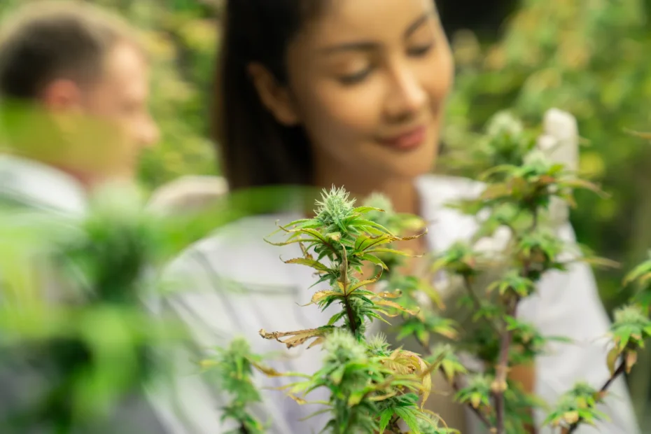 Scientist observing cannabis plants in a greenhouse, reflecting cannabis legalization impacts on research, agriculture, and medical innovation.