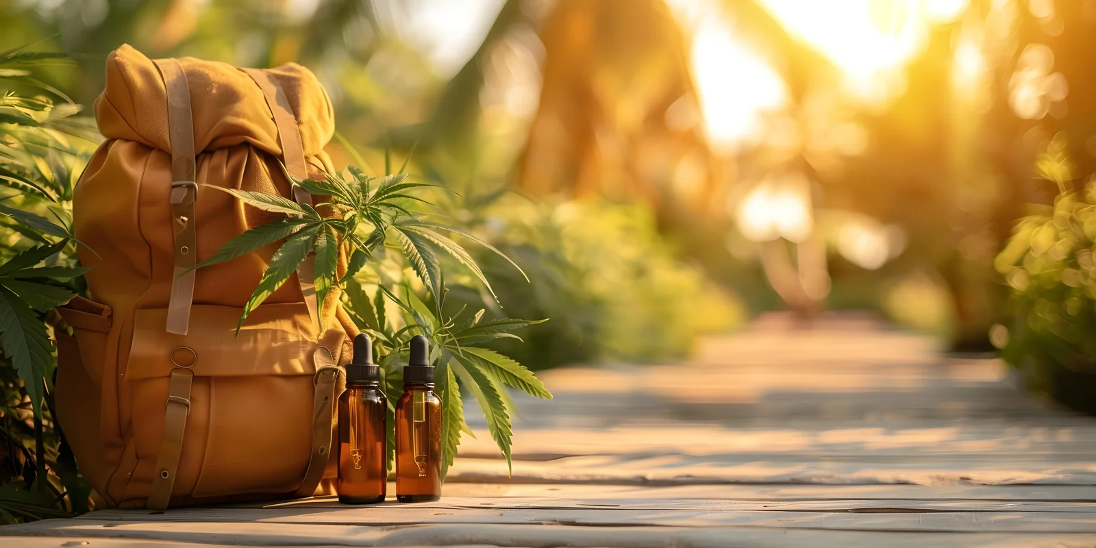 Travel gear with backpack and CBD oil set against a sunny backdrop, representing Cannabis Tourism Destinations focused on wellness and relaxation.