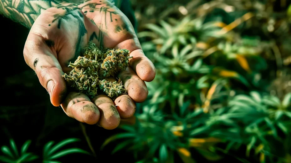 Tattooed hand holding freshly harvested cannabis buds, symbolizing the start of the cannabis distribution process.