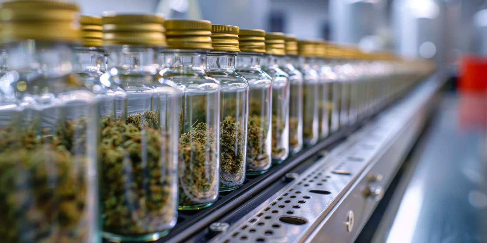 Glass jars filled with cannabis buds on a production line, illustrating the cannabis supply chain from cultivation to packaging and distribution.