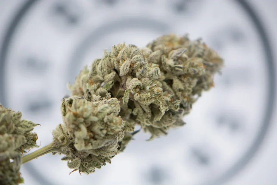 Close-up of frosty cannabis buds on a branch, highlighting dense trichomes — illustrating drying techniques in How to Cure your Buds.