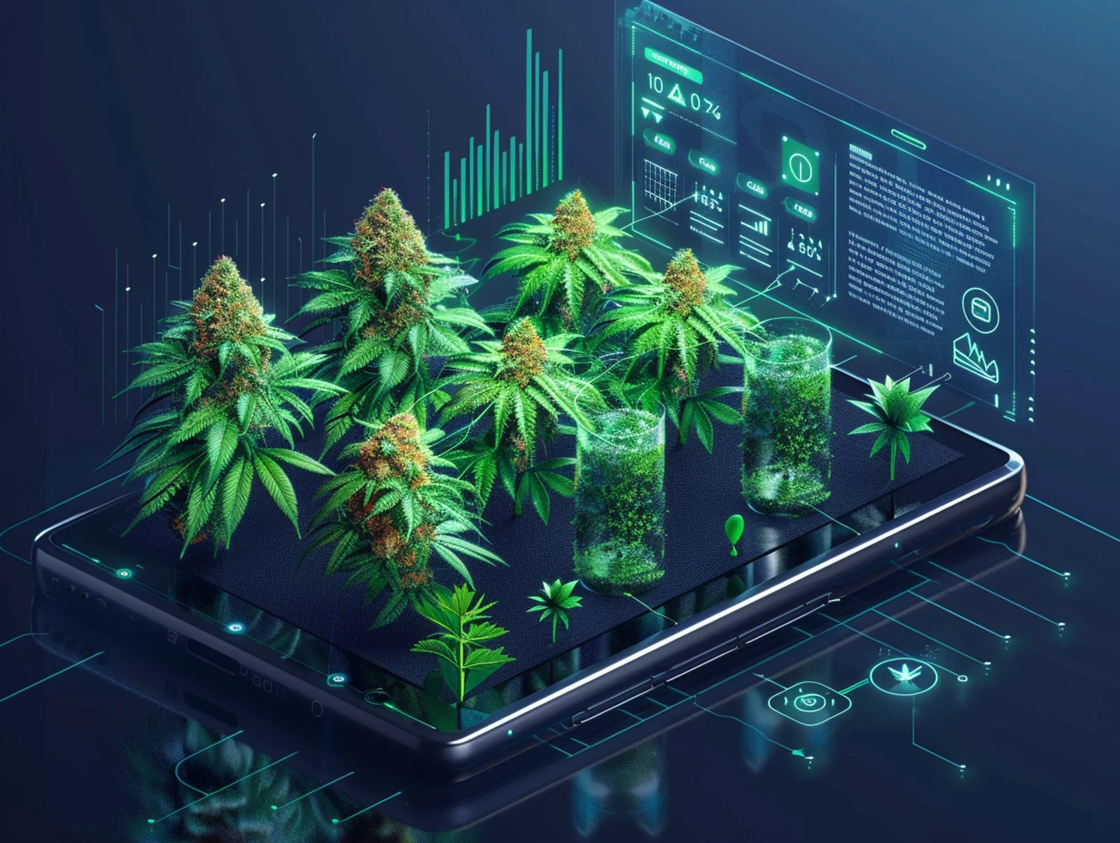 3D visualization of cannabis plants growing on a digital tablet with futuristic data graphics, representing the integration of cannabis technology in smart farming