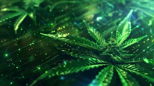 Close-up of cannabis leaves glowing with digital light effects, symbolizing innovation and cannabis technology in modern cultivation.