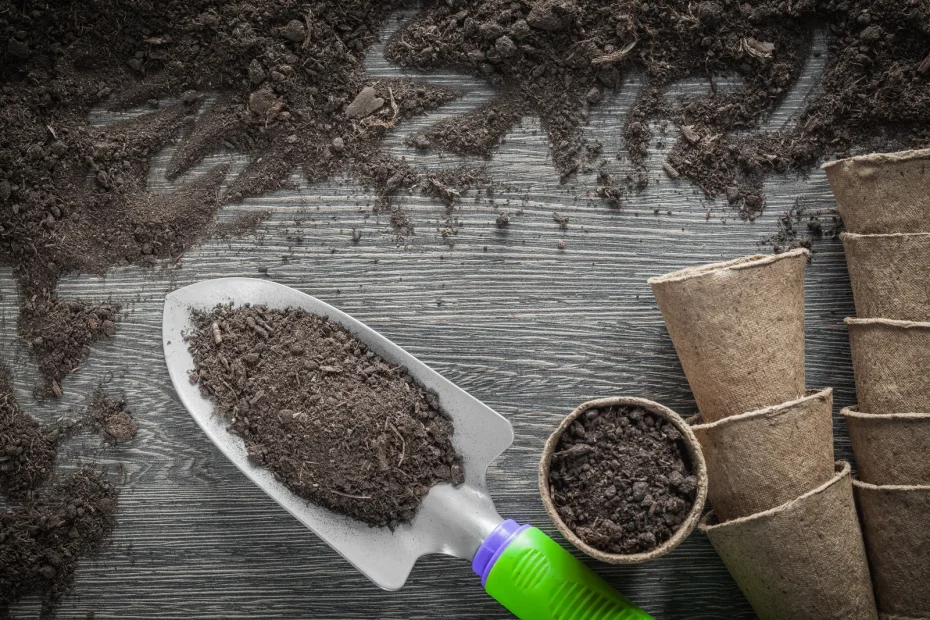 A gardening trowel filled with soil beside biodegradable peat pots, illustrating preparation steps for using the best organic fertilizer for seedlings.