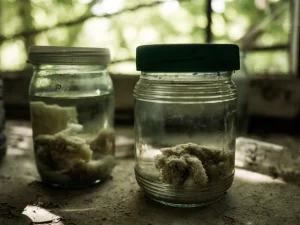 Two glass jars containing cloudy white organic material on a dusty windowsill, representing early-stage fermentation cannabinoids processes in stored biomass.