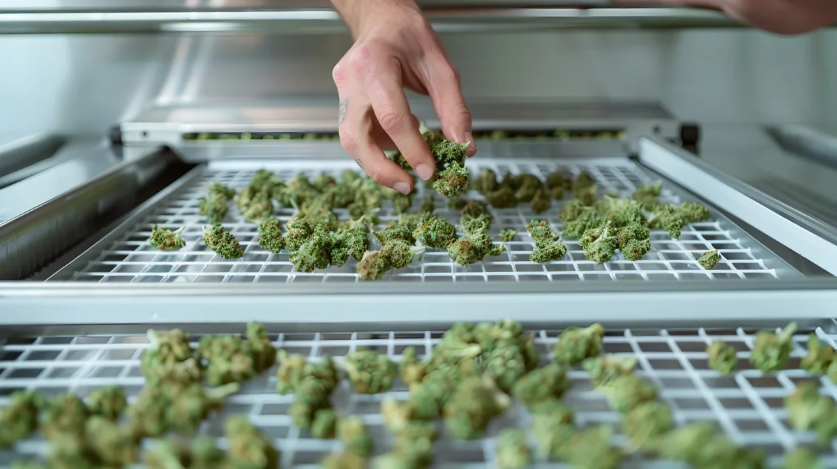 A hand sorting and placing harvested cannabis buds into a drying machine, illustrating an early stage of the cannabis supply chain.