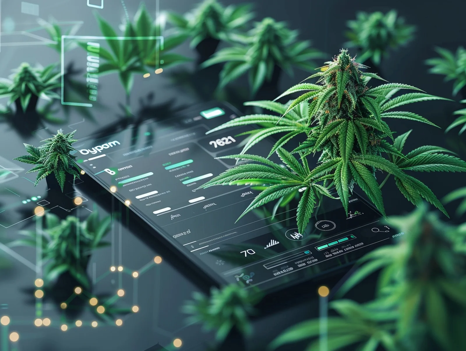 Digital cannabis plants displayed on a futuristic screen illustrating ERP modernization in the agricultural and cannabis industry.