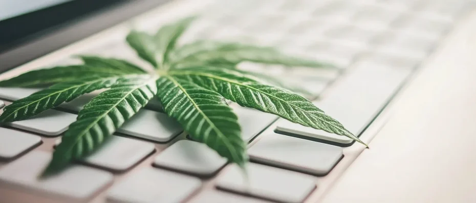A green leaf placed on a computer keyboard symbolizing sustainable technology and ERP modernization in business operations.