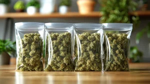 Clear resealable bags filled with dried cannabis buds neatly lined up on a wooden table, representing products often used alongside a cannabis nutrient kit.