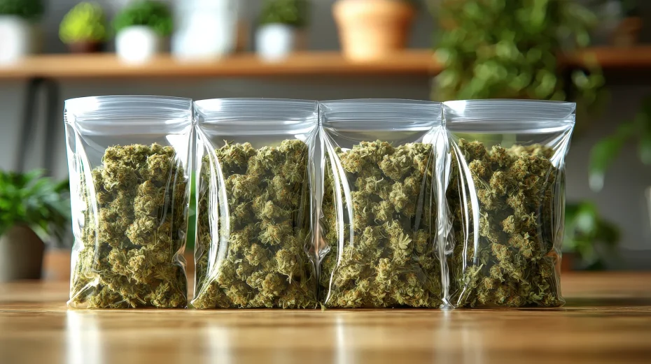 Clear resealable bags filled with dried cannabis buds neatly lined up on a wooden table, representing products often used alongside a cannabis nutrient kit.