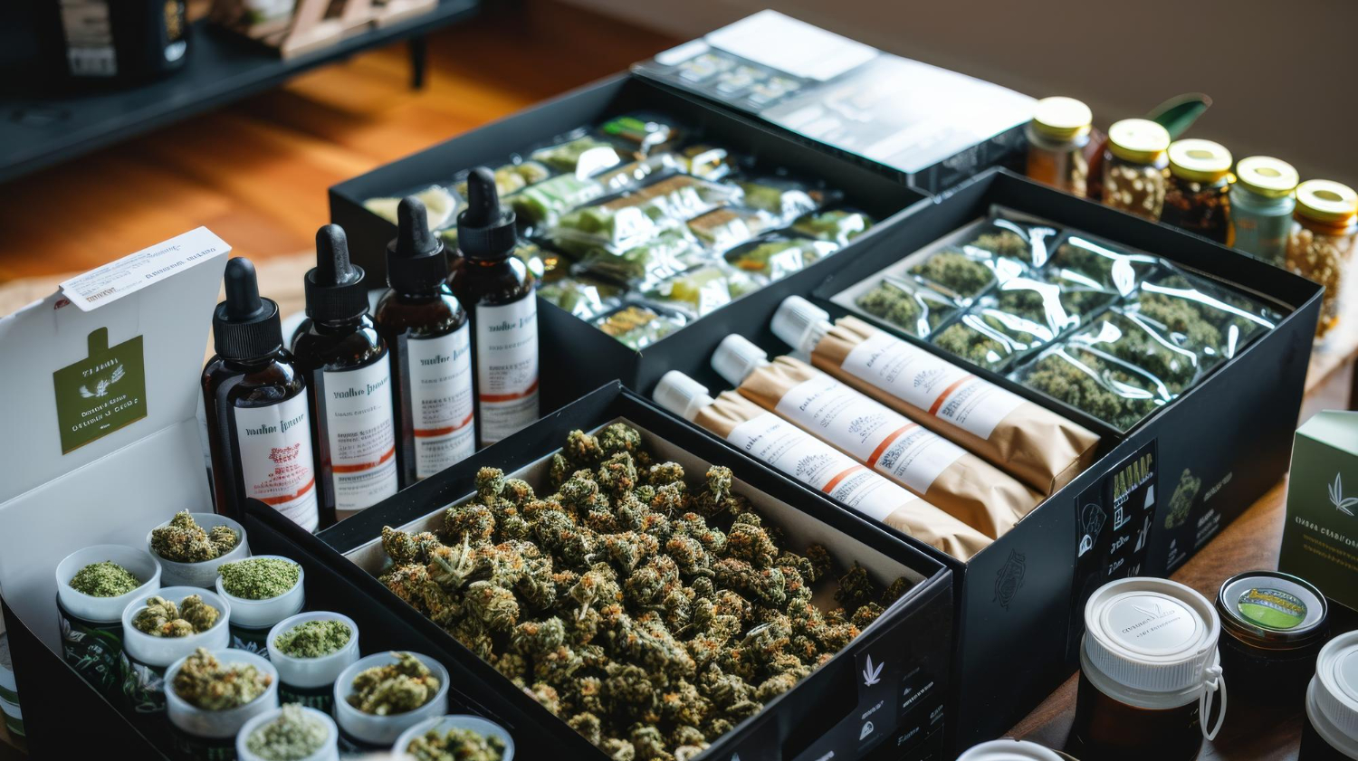 Assorted cannabis products on display