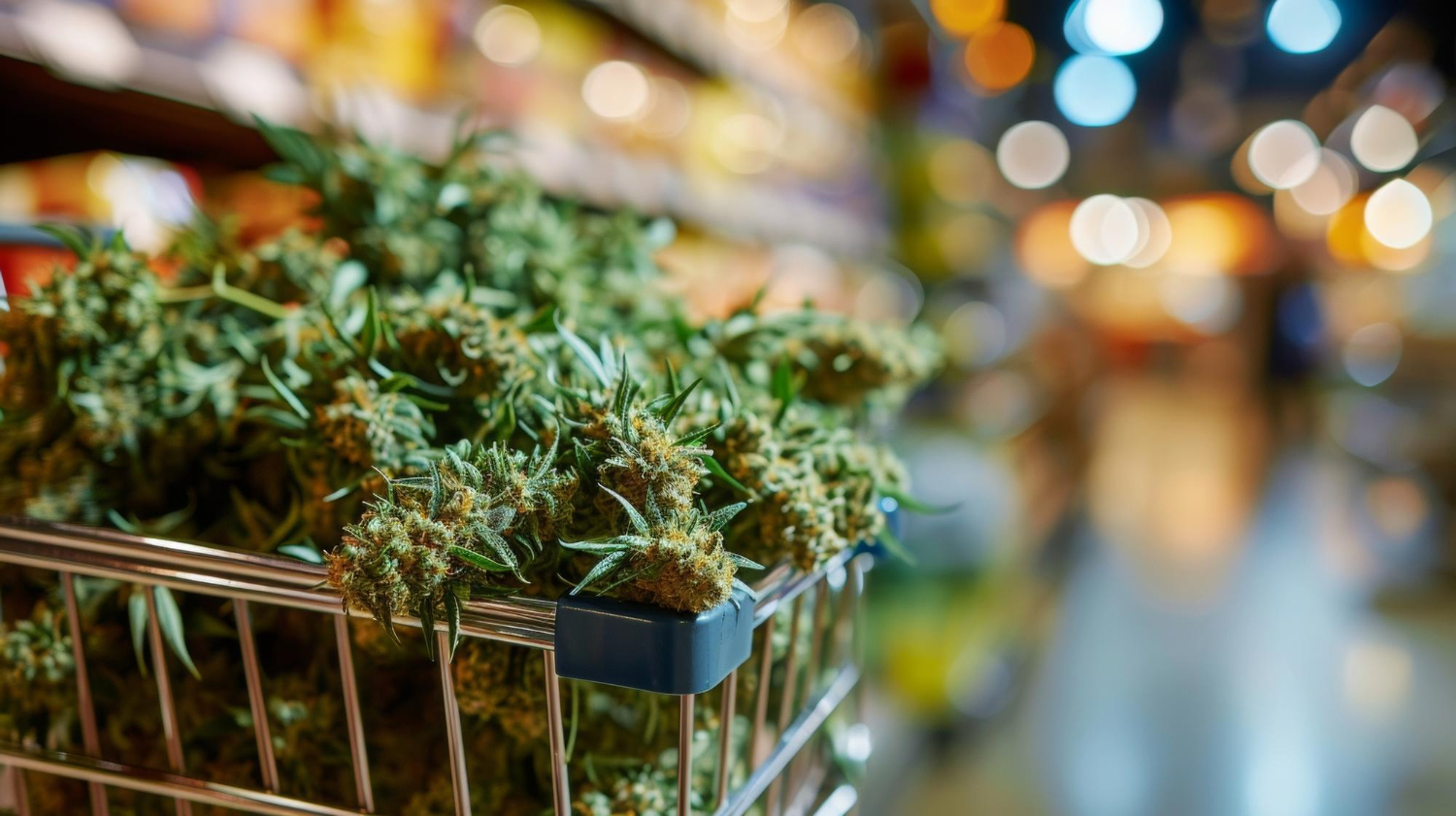 A shopping cart overflowing with fresh cannabis buds in a retail aisle, symbolizing the final distribution stage of supply chain production planning.