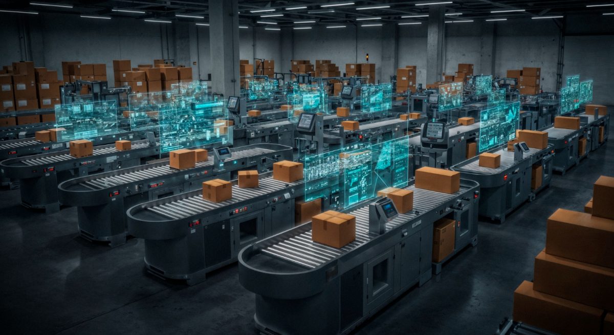 Futuristic distribution center featuring automated conveyor belts and digital overlays demonstrating advanced supply chain production planning technology.