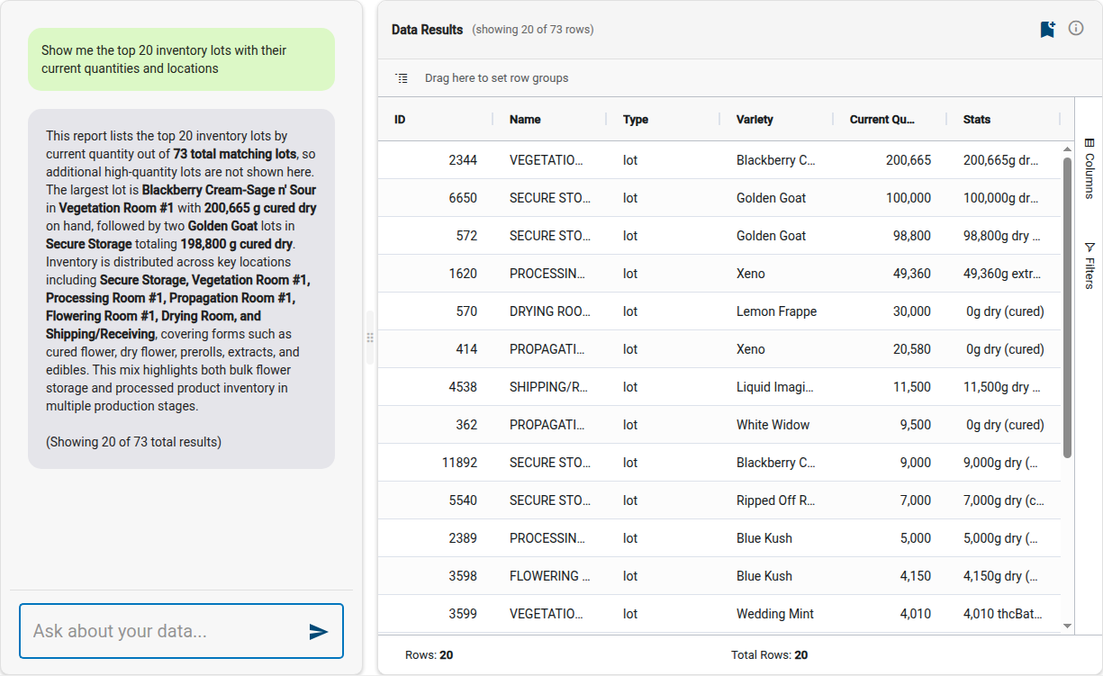 AI Report Builder conversation view with data results grid