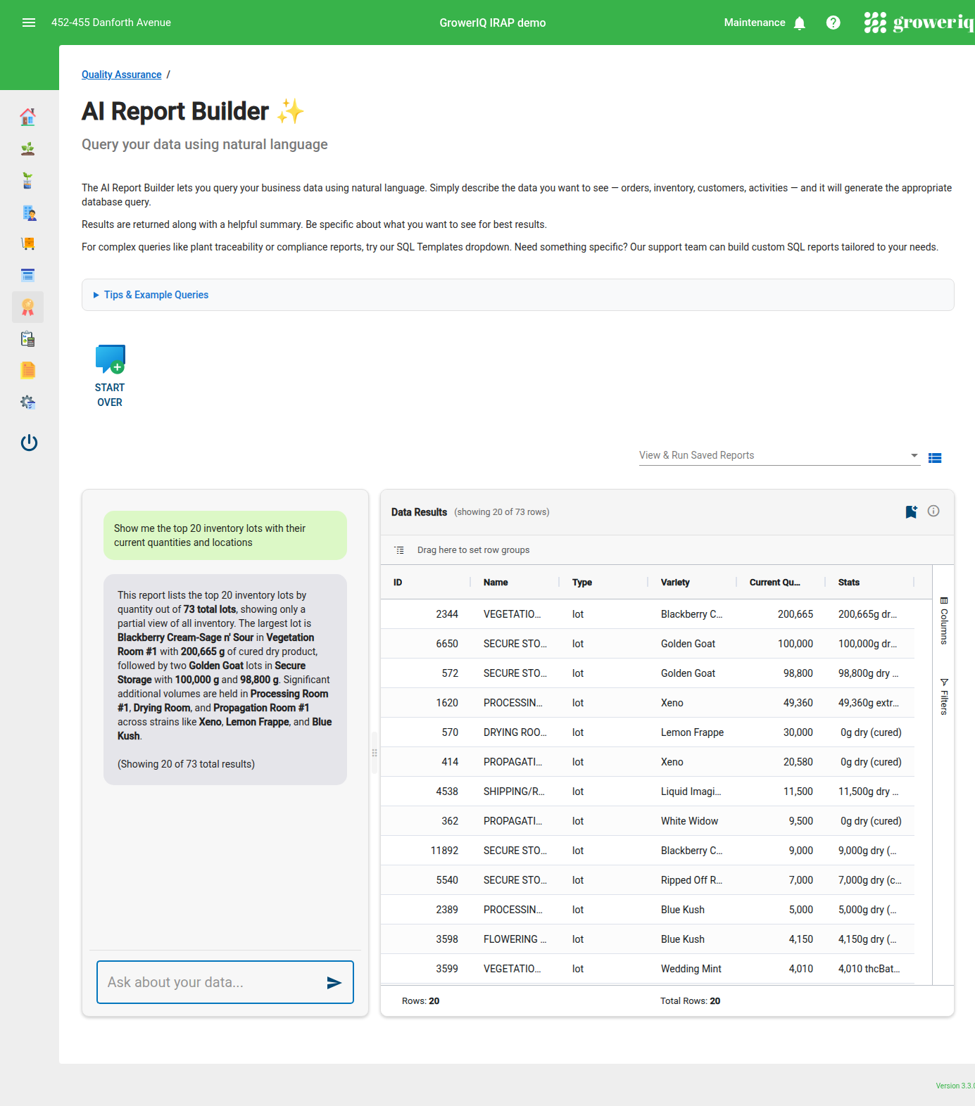 AI Report Builder full interface showing GrowerIQ platform with natural language query