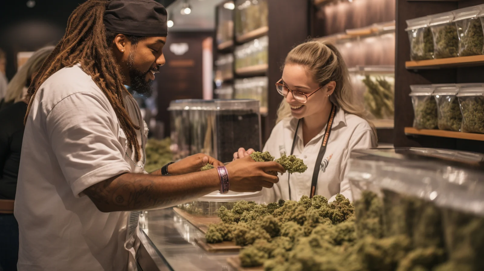 A man and woman examining cannabis products at a dispensary booth, showcasing networking and product education at cannabis industry events.