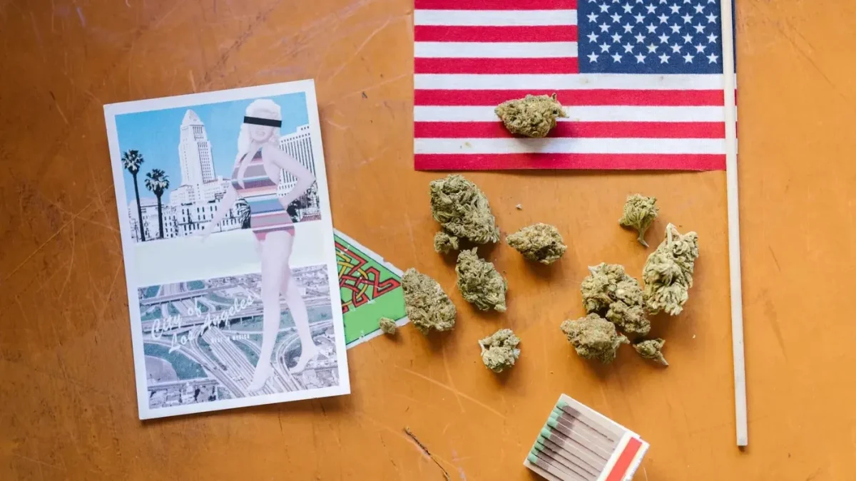 Cannabis on a desk with an american flag and a post card in the background symbolizing Cannabis License California